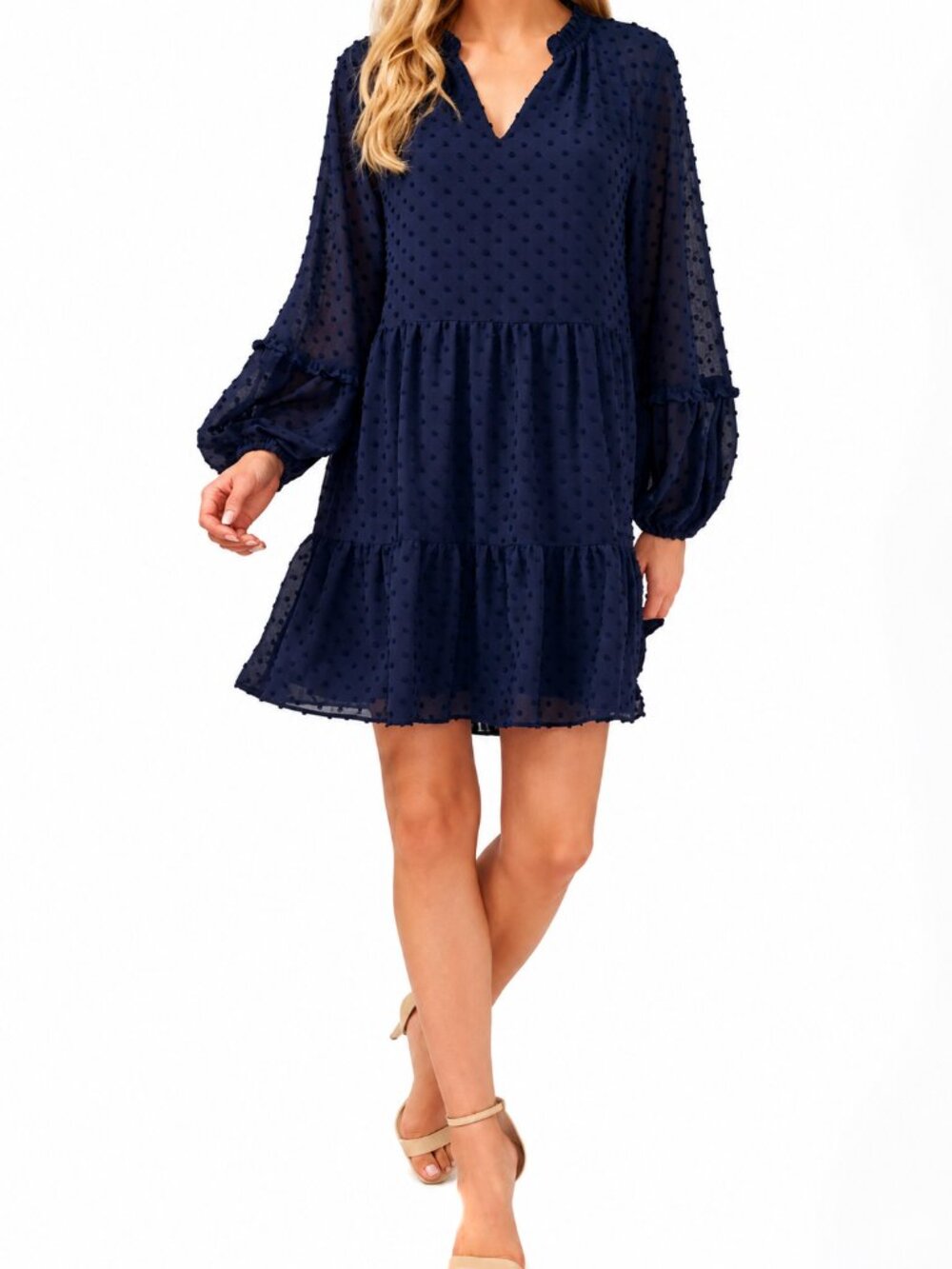 NWT Medium CeCe Women's Navy V-Neck Clip Dot Ruffled Long Sleeve Shift Dress